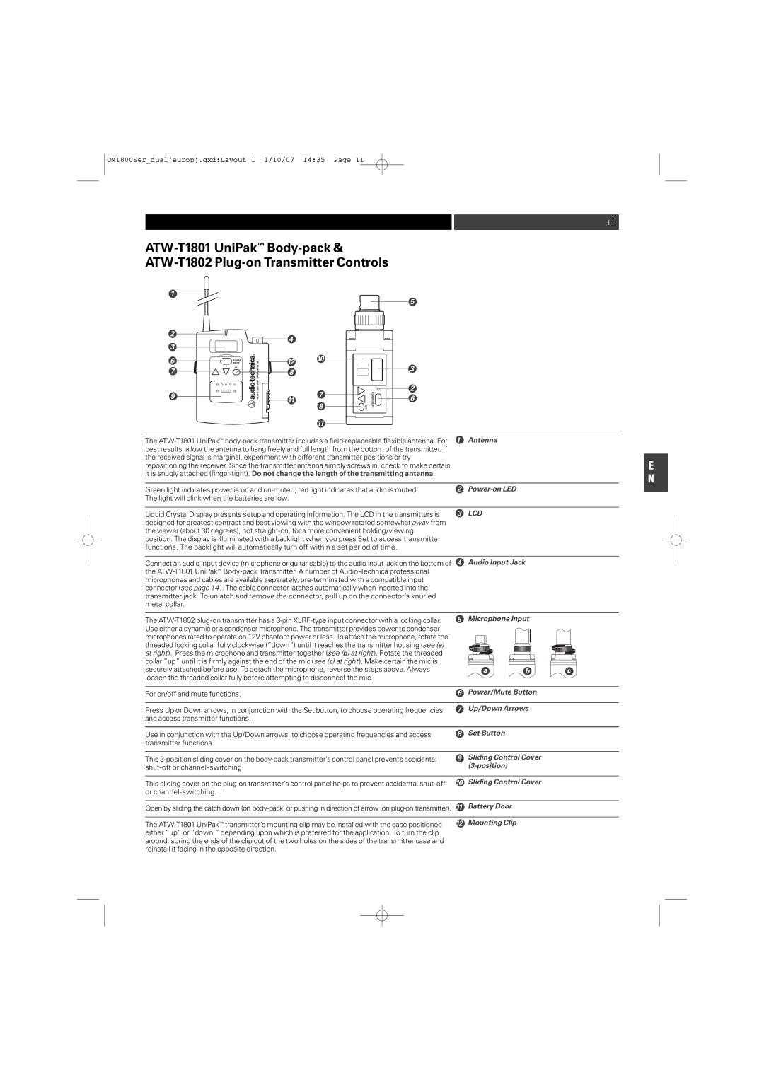 Audio-Technica ATW-T1820 Antenna, Audio Input Jack, Microphone Input, Power/Mute Button, Set Button, Sliding Control Cover 