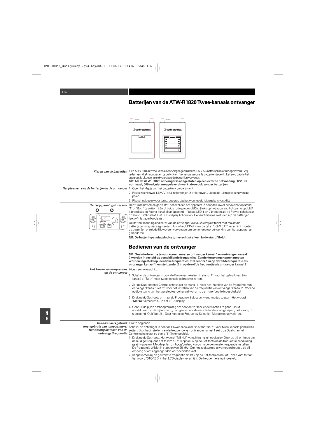 Audio-Technica ATW-T1820 manual Batterijen van de ATW-R1820 Twee-kanaals ontvanger, Bedienen van de ontvanger 