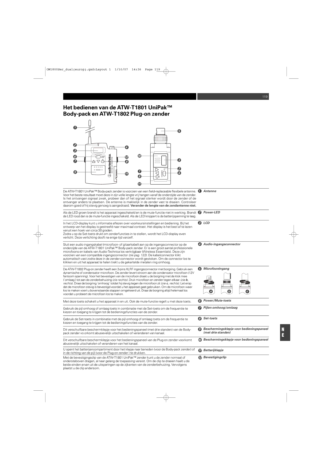 Audio-Technica ATW-T1820 manual Power-LED, Microfooningang, Power/Mute-toets, Met drie standen, Batterijklepje 