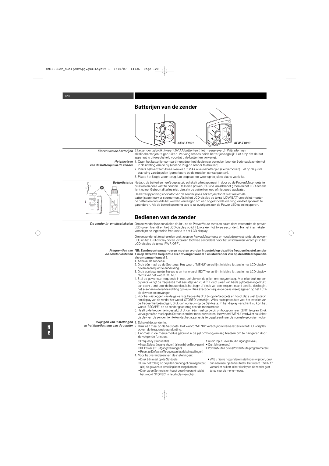 Audio-Technica ATW-T1820 manual Batterijen van de zender, Bedienen van de zender 