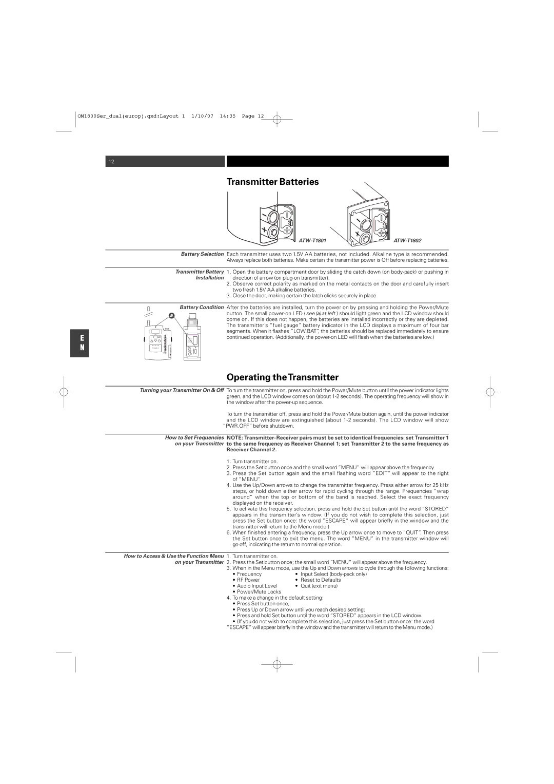 Audio-Technica ATW-T1820 manual Transmitter Batteries, Operating theTransmitter, ATW-T1801, Receiver Channel 