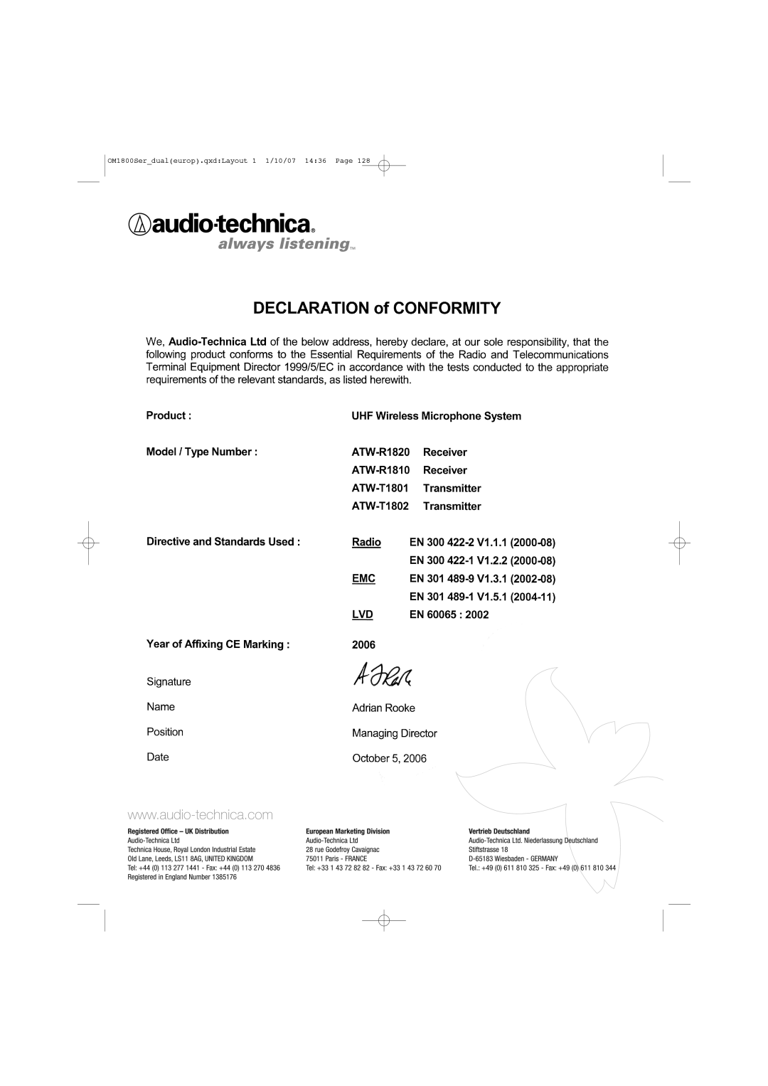 Audio-Technica ATW-T1820 manual OM1800Serdualeurop.qxdLayout 1 1/10/07 1436 