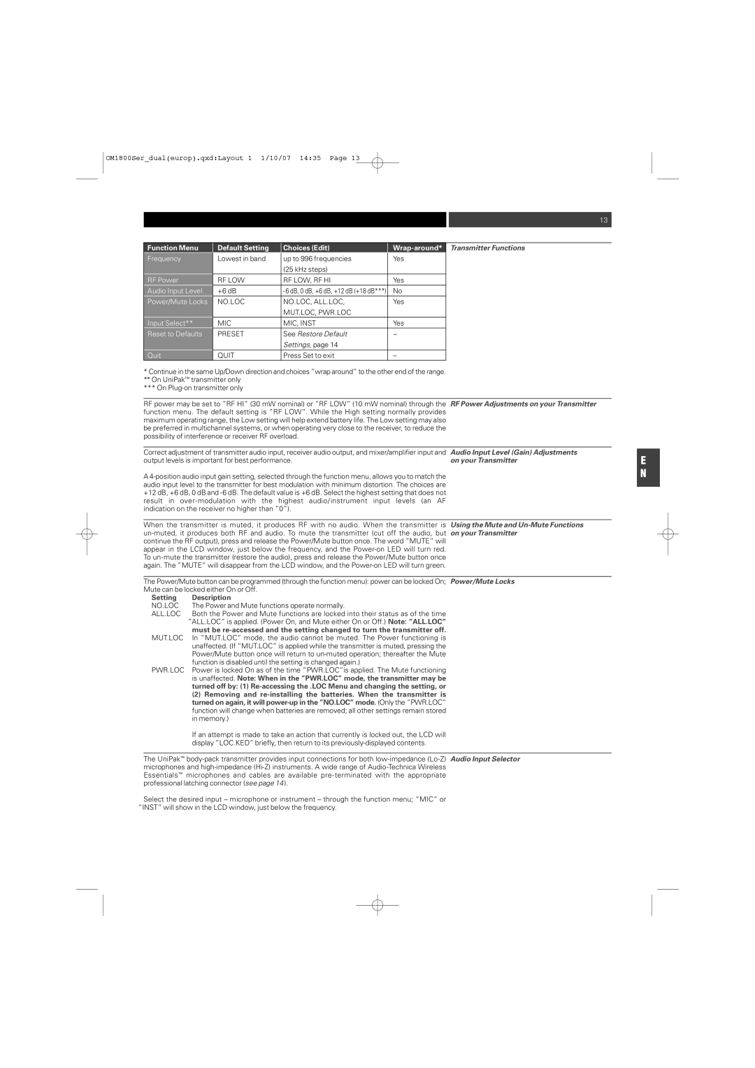 Audio-Technica ATW-T1820 manual Transmitter Functions, RF Power Adjustments on your Transmitter, On your Transmitter 