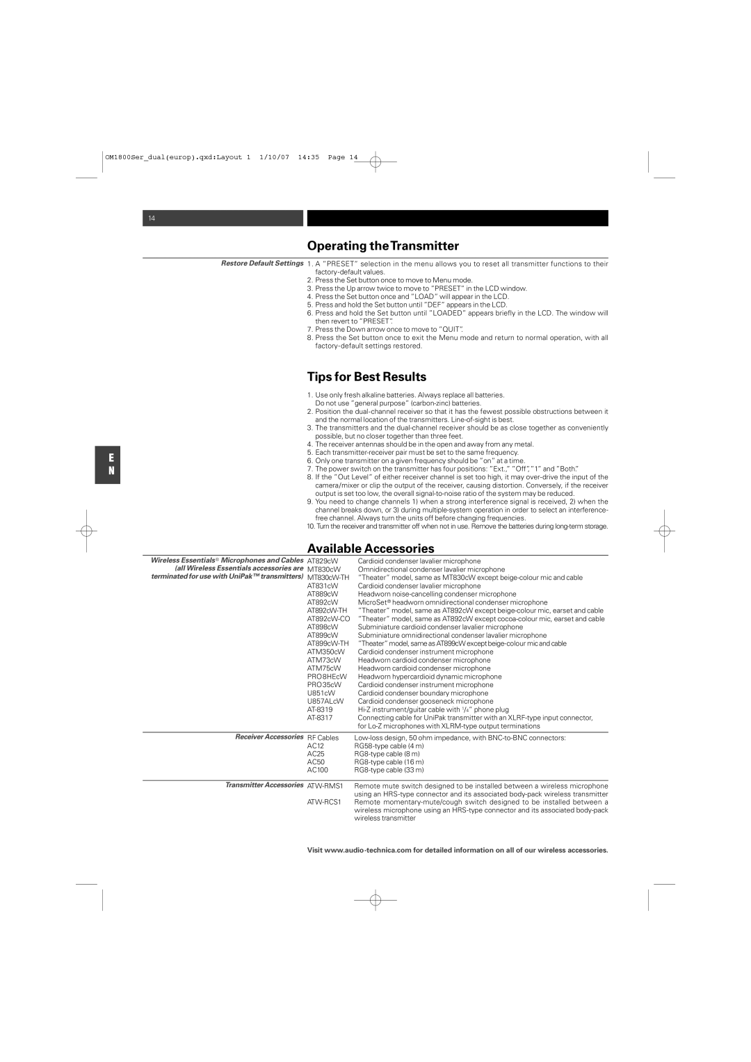 Audio-Technica ATW-T1820 manual Tips for Best Results, Available Accessories, All Wireless Essentials accessories are 