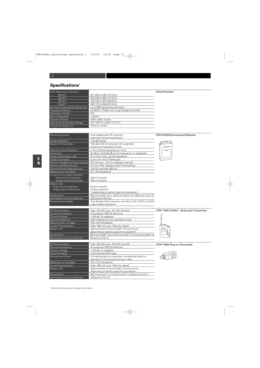 Audio-Technica ATW-T1820 Specifications, Overall System, ATW-R1820 Dual-channel Receiver, ATW-T1802 Plug-on Transmitter 