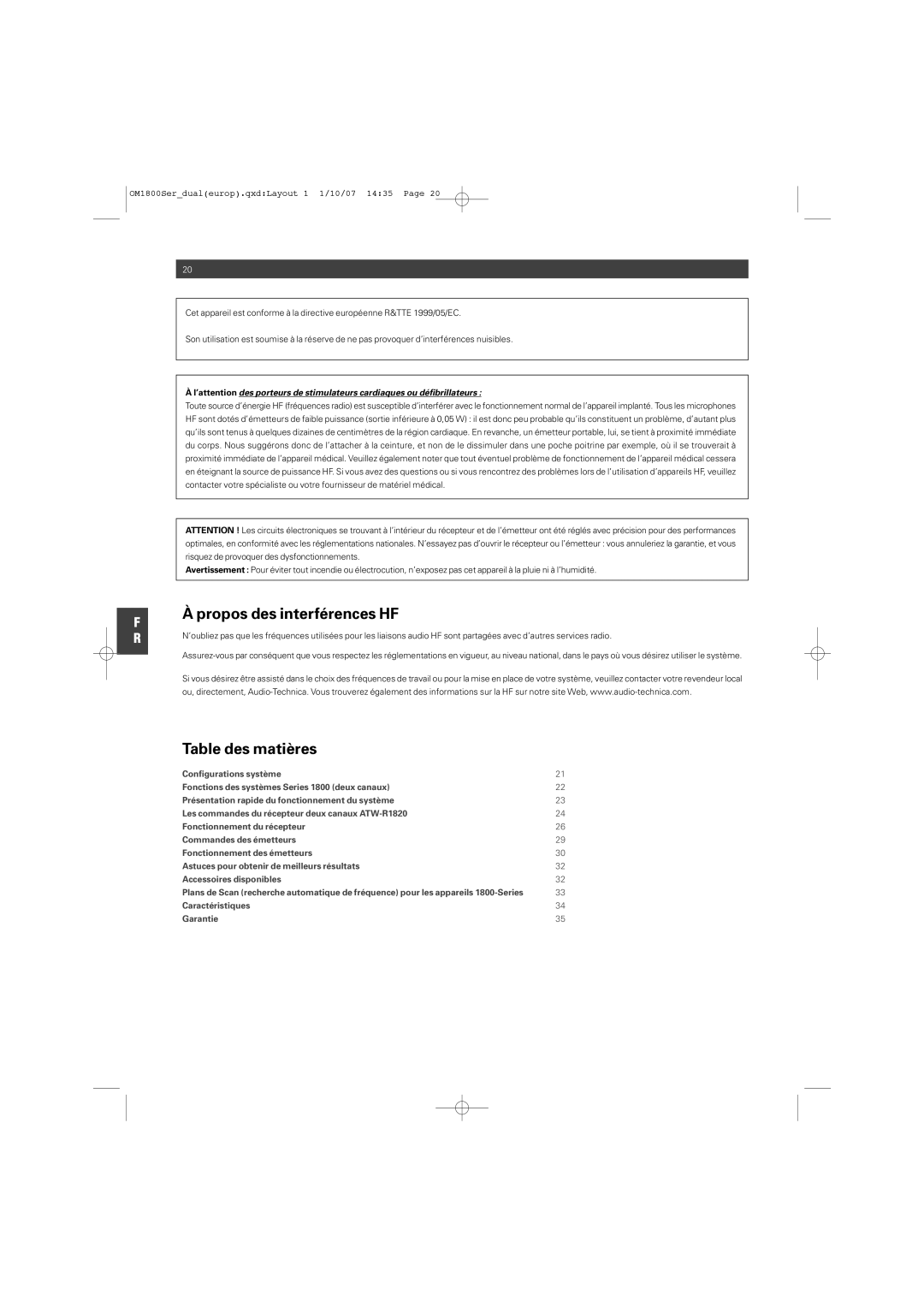 Audio-Technica ATW-T1820 manual Propos des interférences HF, Caractéristiques Garantie 