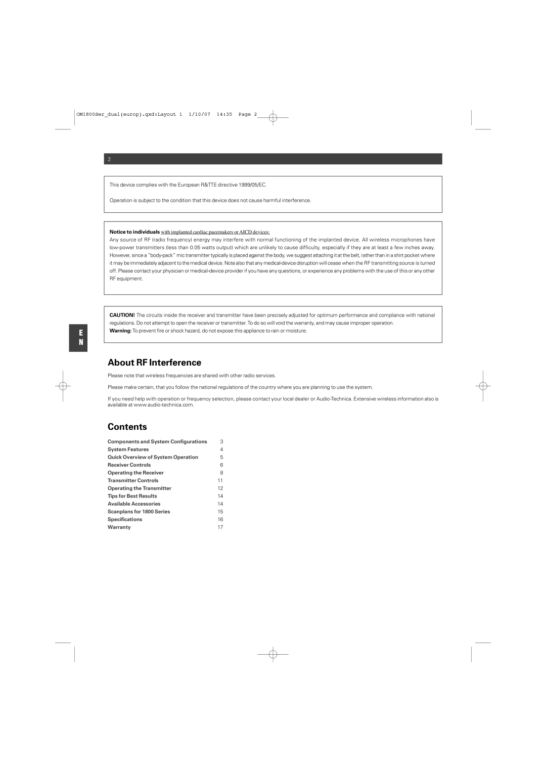 Audio-Technica ATW-T1820 manual About RF Interference, Contents 