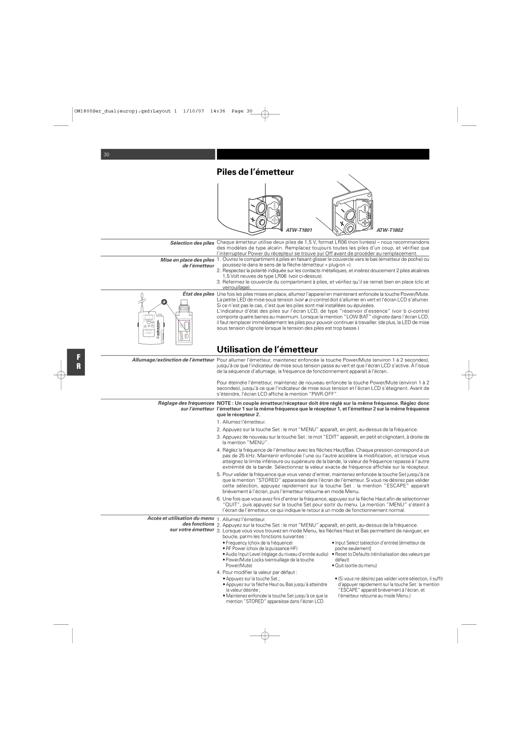 Audio-Technica ATW-T1820 manual Piles de l’émetteur, Utilisation de l’émetteur, Sélection des piles, État des piles 