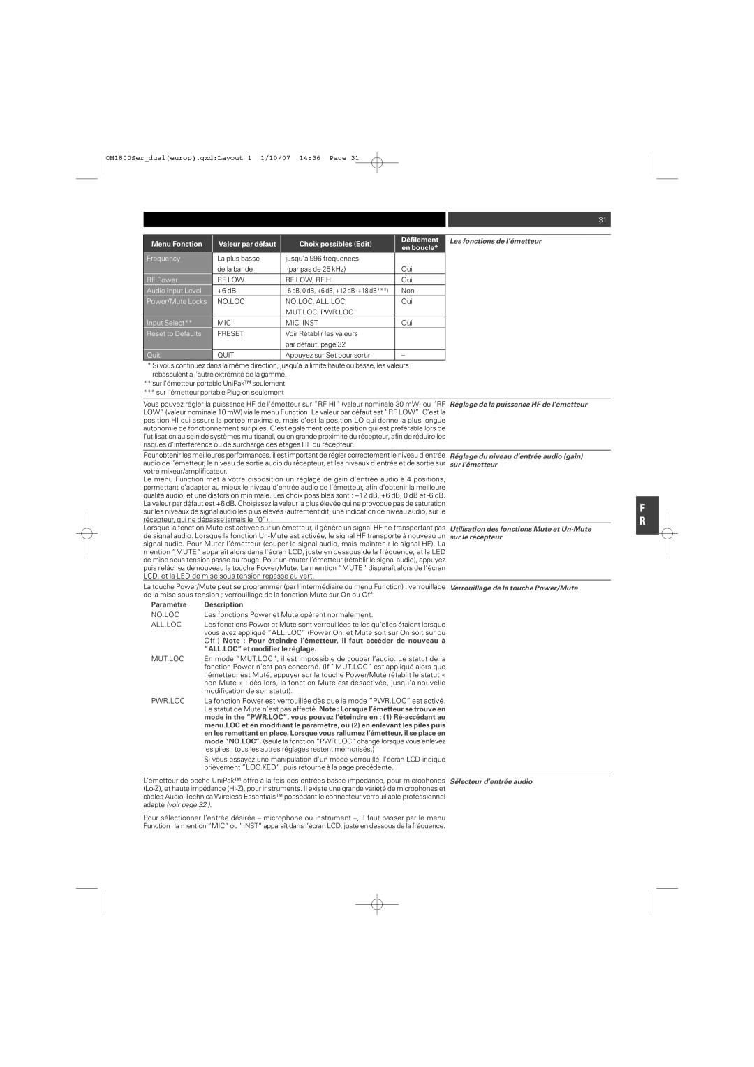 Audio-Technica ATW-T1820 manual Les fonctions de l’émetteur, Paramètre Description, ALL.LOC et modifier le réglage 