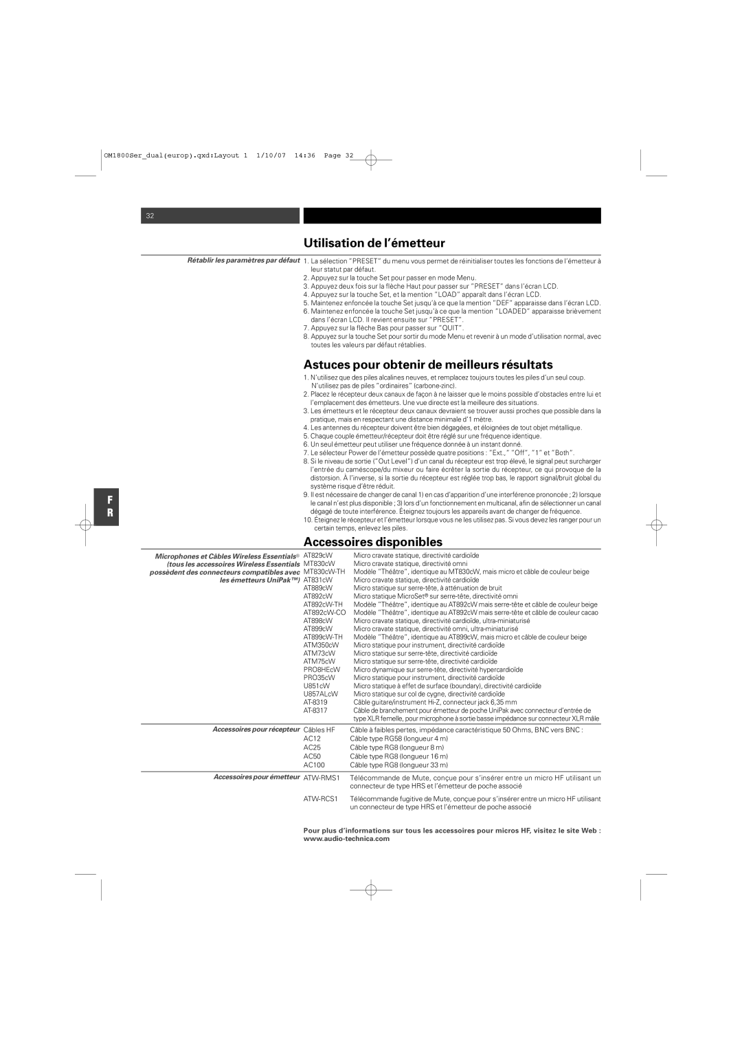 Audio-Technica ATW-T1820 manual Astuces pour obtenir de meilleurs résultats, Accessoires disponibles 