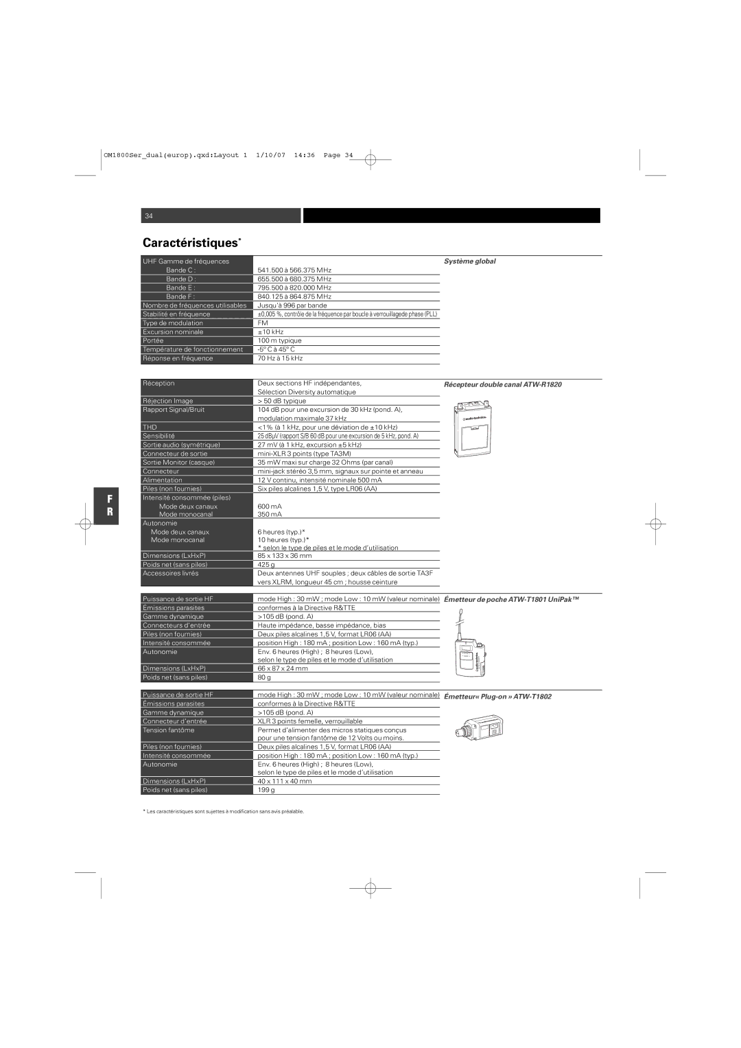 Audio-Technica ATW-T1820 manual Caractéristiques, Système global, Récepteur double canal ATW-R1820 