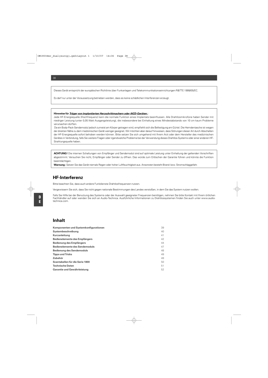 Audio-Technica ATW-T1820 manual HF-Interferenz, Inhalt 