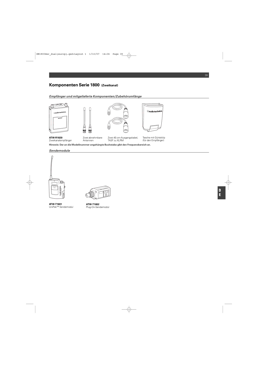 Audio-Technica ATW-T1820 manual Komponenten Serie 1800 Zweikanal, Zwei abnehmbare Zwei 45 cm-Ausgangskabel 