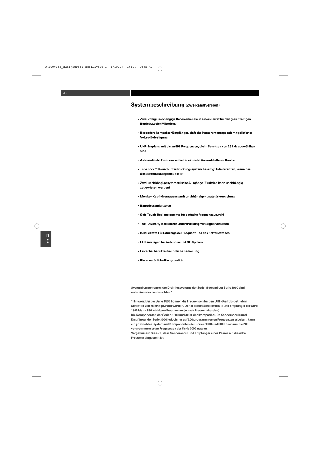 Audio-Technica ATW-T1820 manual Systembeschreibung Zweikanalversion 