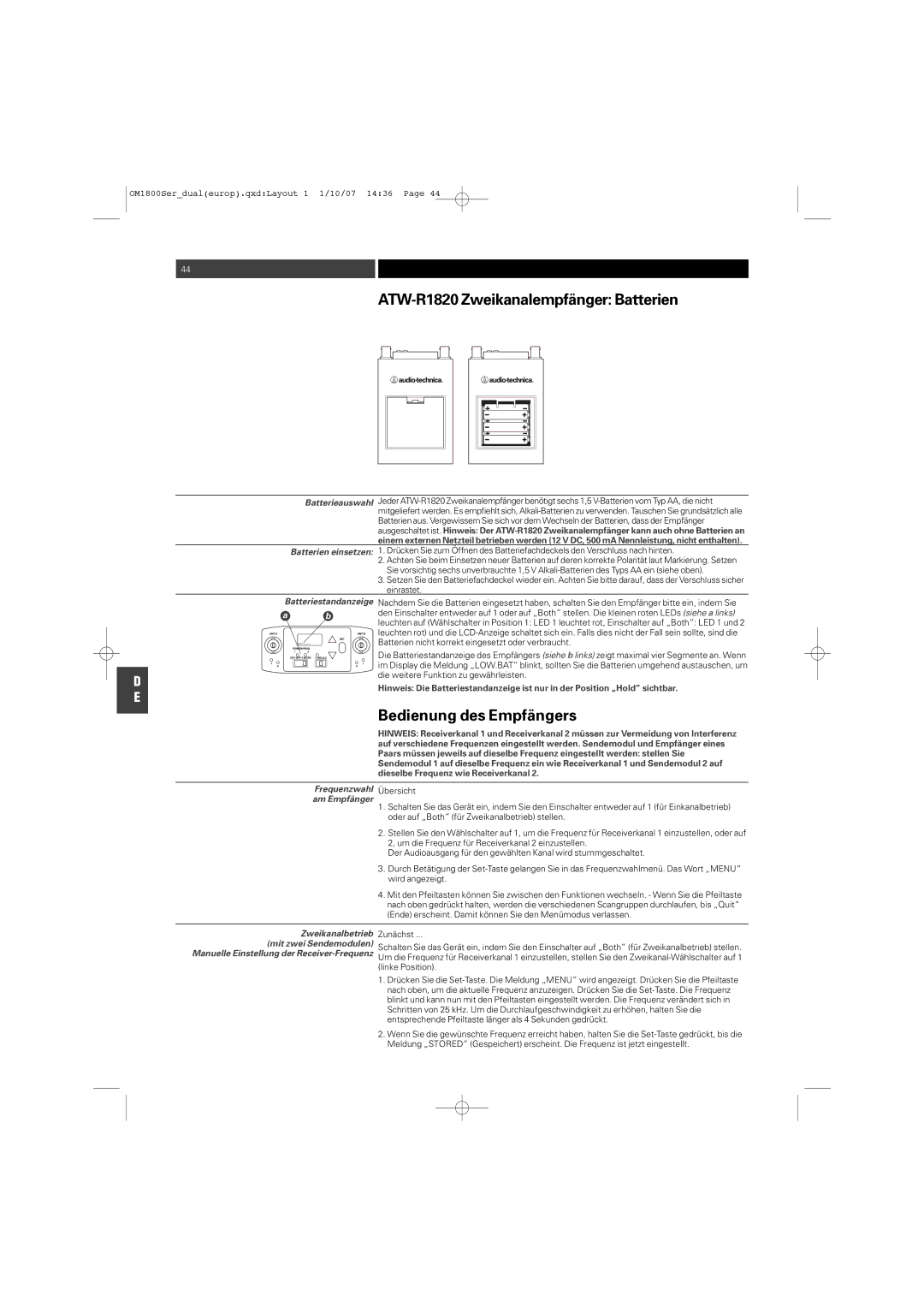 Audio-Technica ATW-T1820 manual ATW-R1820 Zweikanalempfänger Batterien, Bedienung des Empfängers 