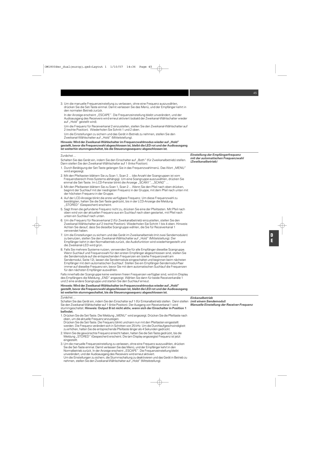 Audio-Technica ATW-T1820 Einstellung der Empfängerfrequenz, Mit der automatischen Frequenzwahl, Einkanalbetrieb, Befindet 