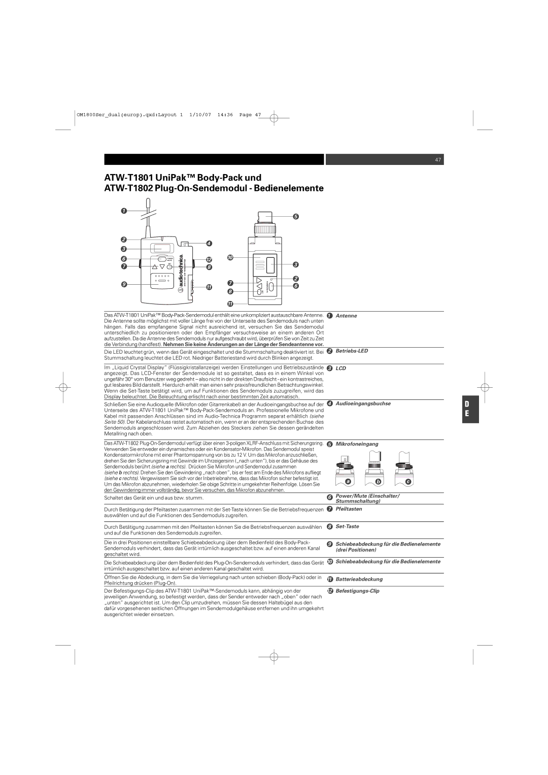 Audio-Technica ATW-T1820 Betriebs-LED, Audioeingangsbuchse, Mikrofoneingang, Stummschaltung, Set-Taste, Batterieabdeckung 