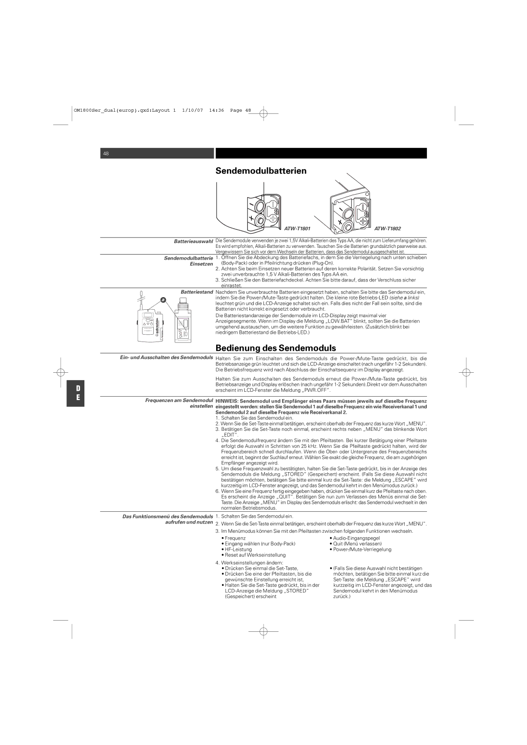 Audio-Technica ATW-T1820 manual Sendemodulbatterien, Bedienung des Sendemoduls 