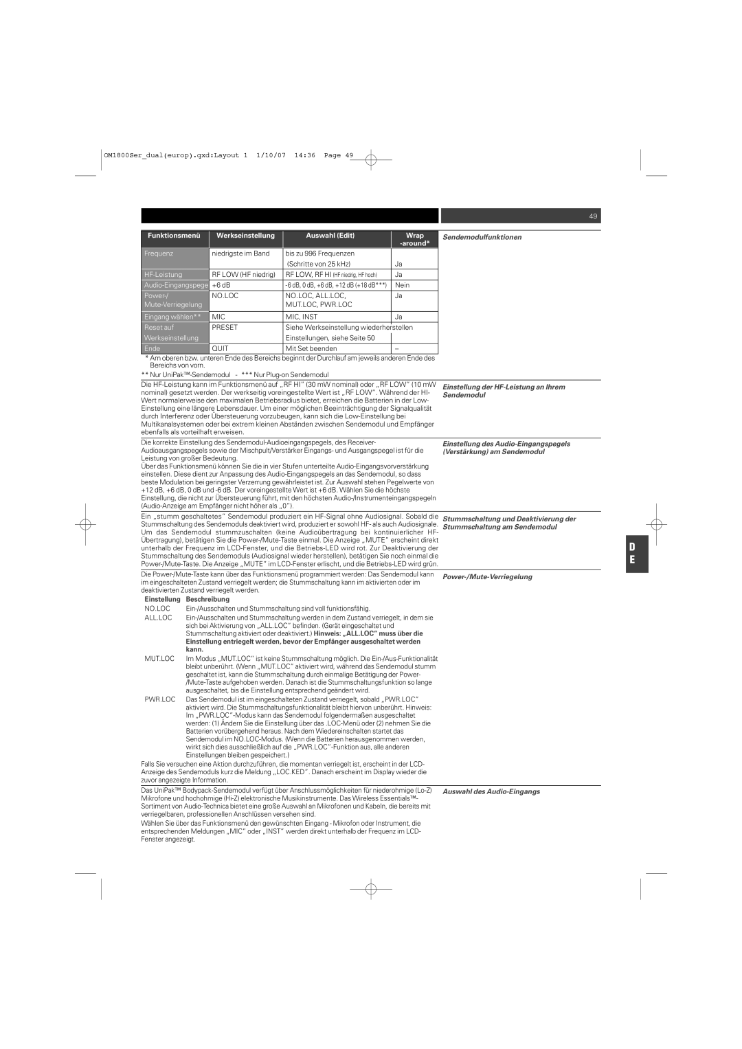 Audio-Technica ATW-T1820 Sendemodulfunktionen, Einstellung der HF-Leistung an Ihrem, Einstellung des Audio-Eingangspegels 