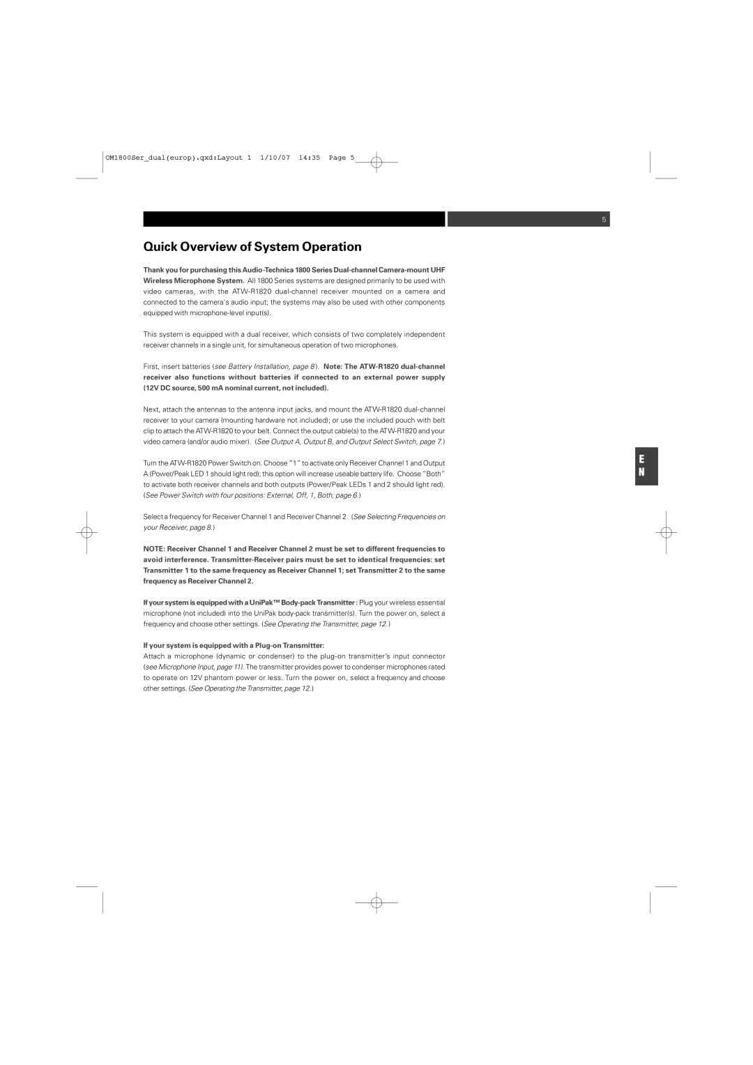 Audio-Technica ATW-T1820 manual Quick Overview of System Operation, If your system is equipped with a Plug-on Transmitter 