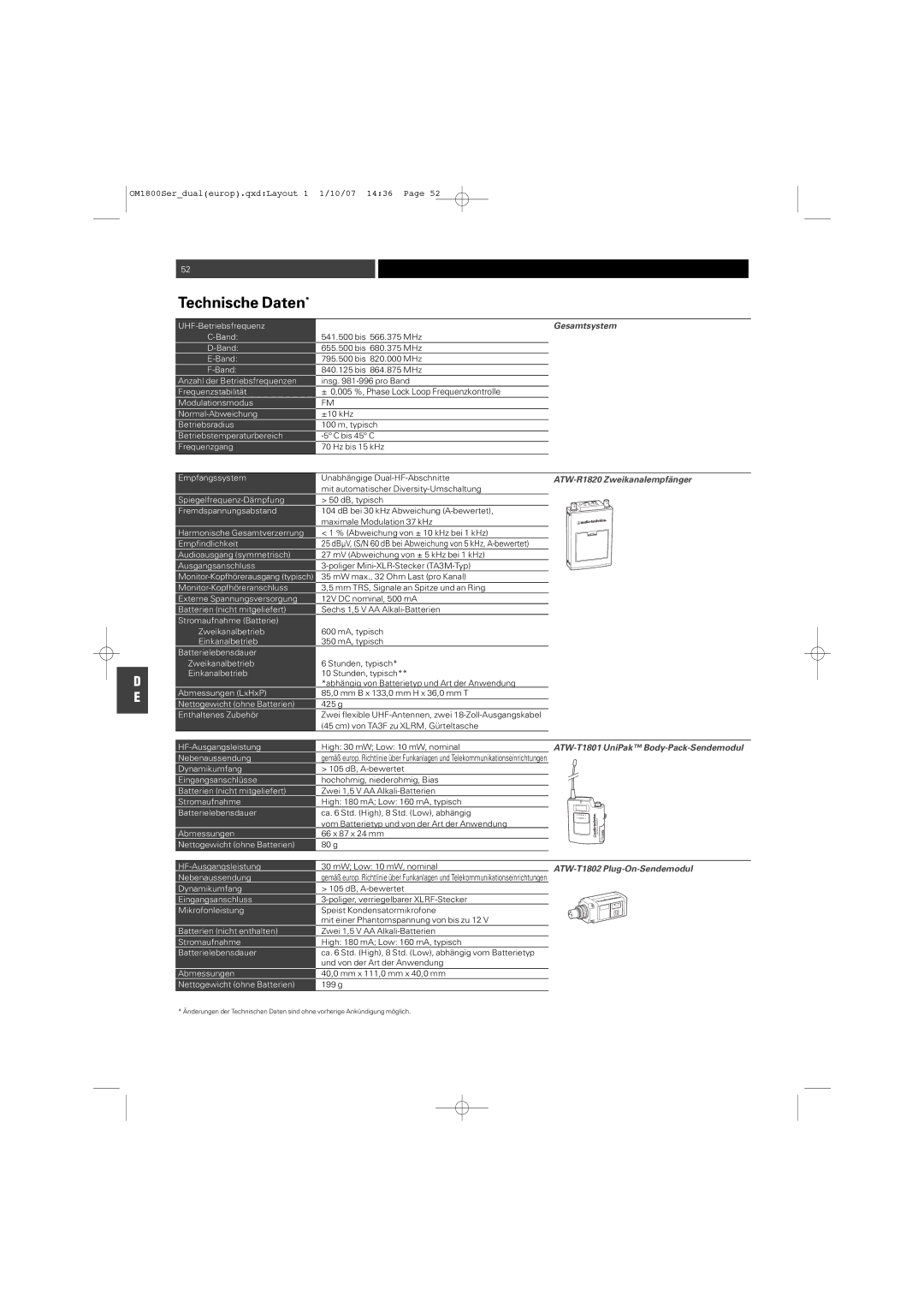 Audio-Technica ATW-T1820 manual Technische Daten, Gesamtsystem, ± 0,005 %, Phase Lock Loop Frequenzkontrolle 