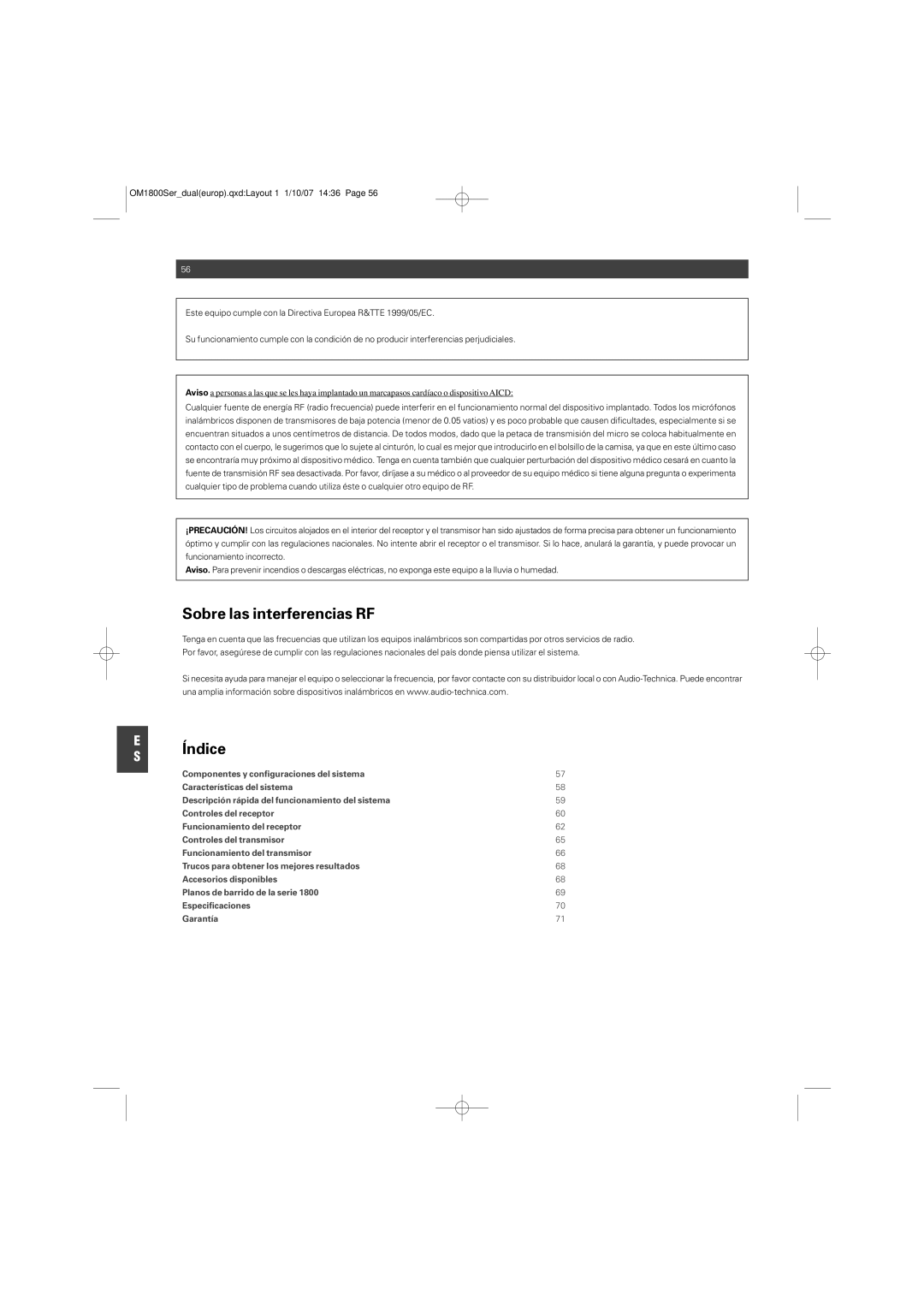 Audio-Technica ATW-T1820 manual Sobre las interferencias RF, Índice 