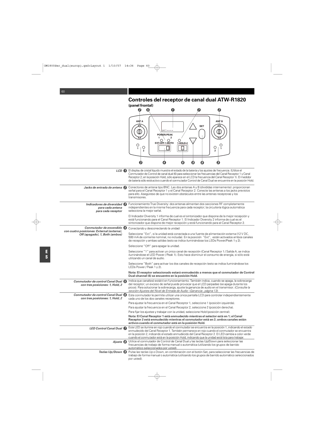 Audio-Technica ATW-T1820 manual Controles del receptor de canal dual ATW-R1820 