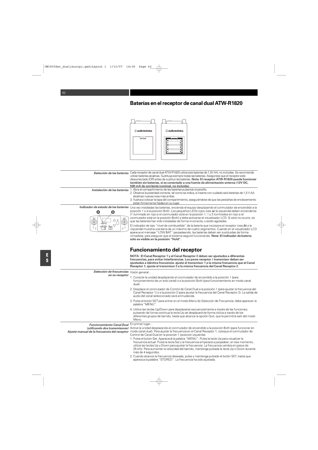 Audio-Technica ATW-T1820 manual Baterías en el receptor de canal dual ATW-R1820, Funcionamiento del receptor 