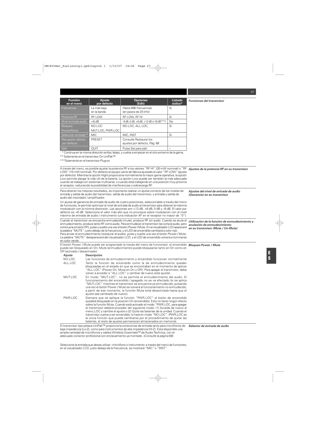 Audio-Technica ATW-T1820 Funciones del transmisor, Ajustes de la potencia RF en su transmisor, Ganancia en su transmisor 