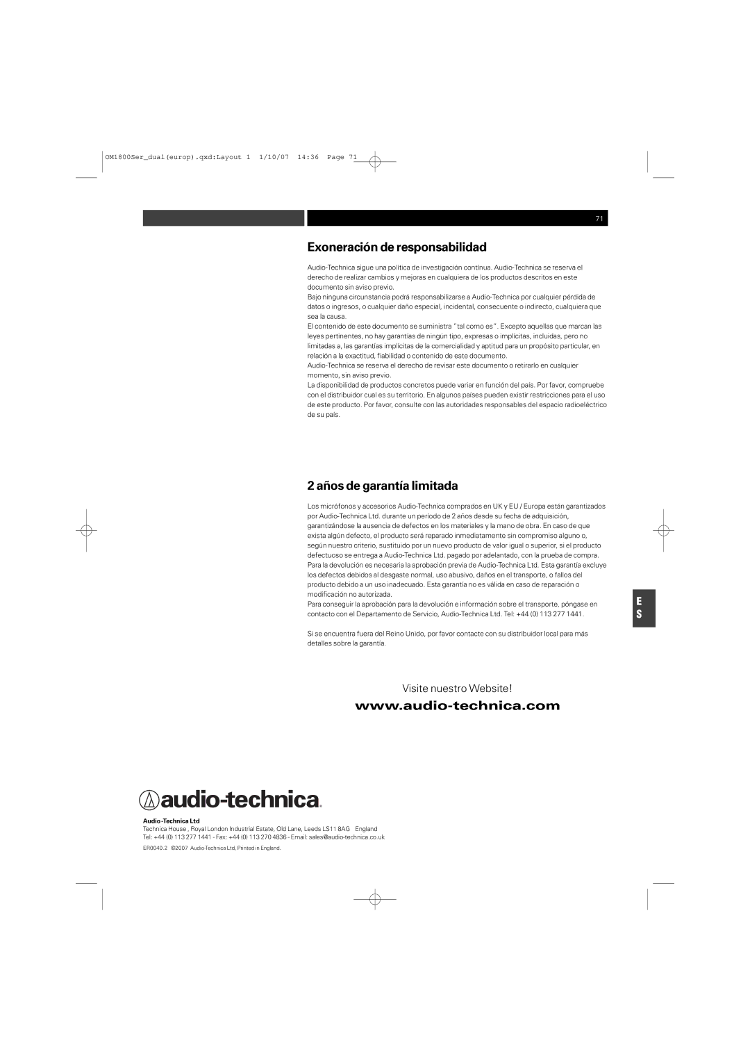 Audio-Technica ATW-T1820 manual Exoneración de responsabilidad, Años de garantía limitada 