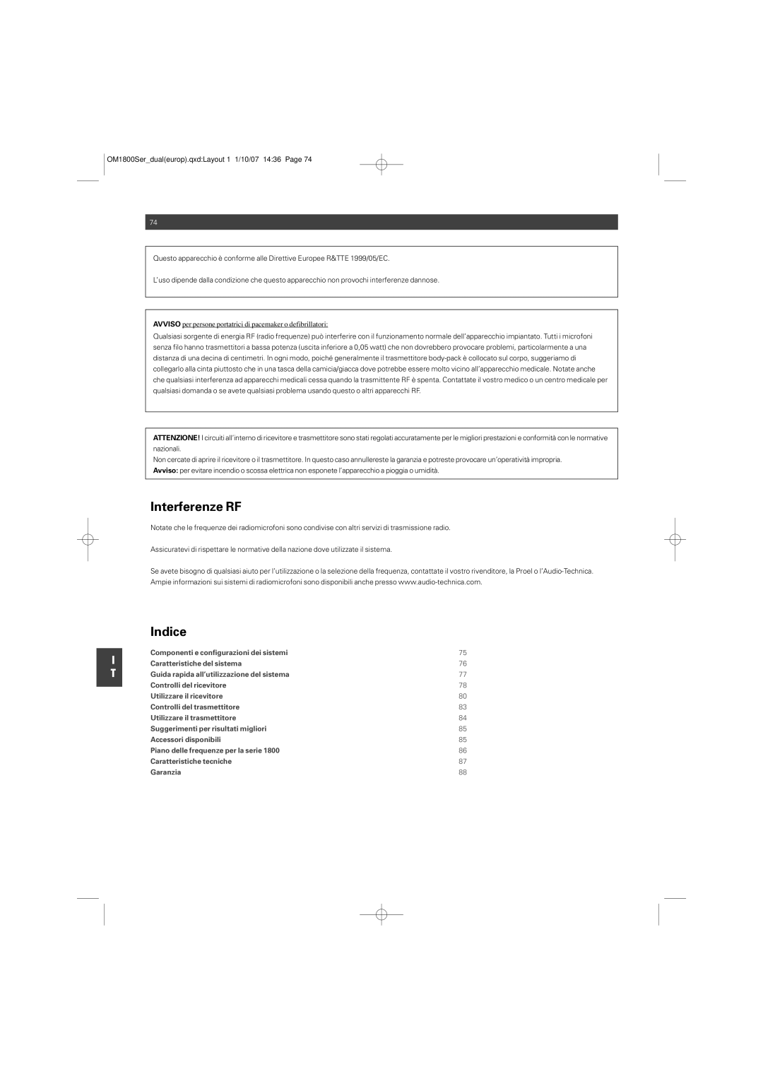 Audio-Technica ATW-T1820 manual Interferenze RF, Indice 