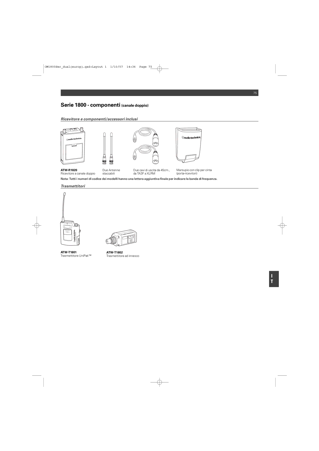 Audio-Technica ATW-T1820 manual Serie 1800 componenti canale doppio, Due Antenne 