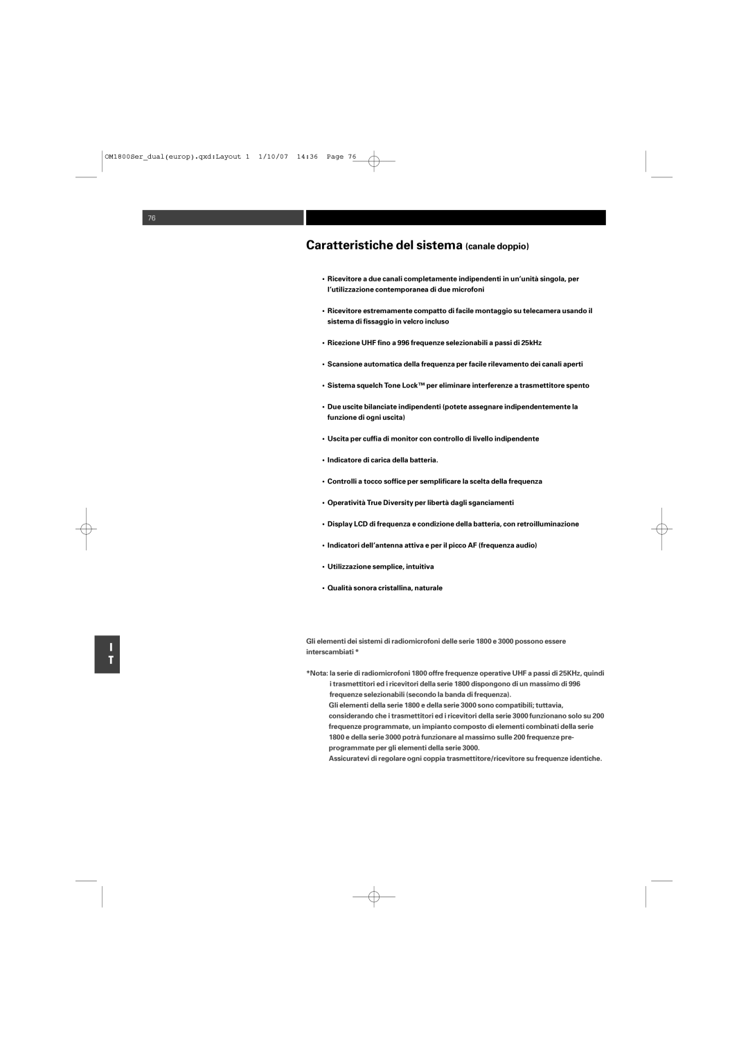 Audio-Technica ATW-T1820 manual Caratteristiche del sistema canale doppio 