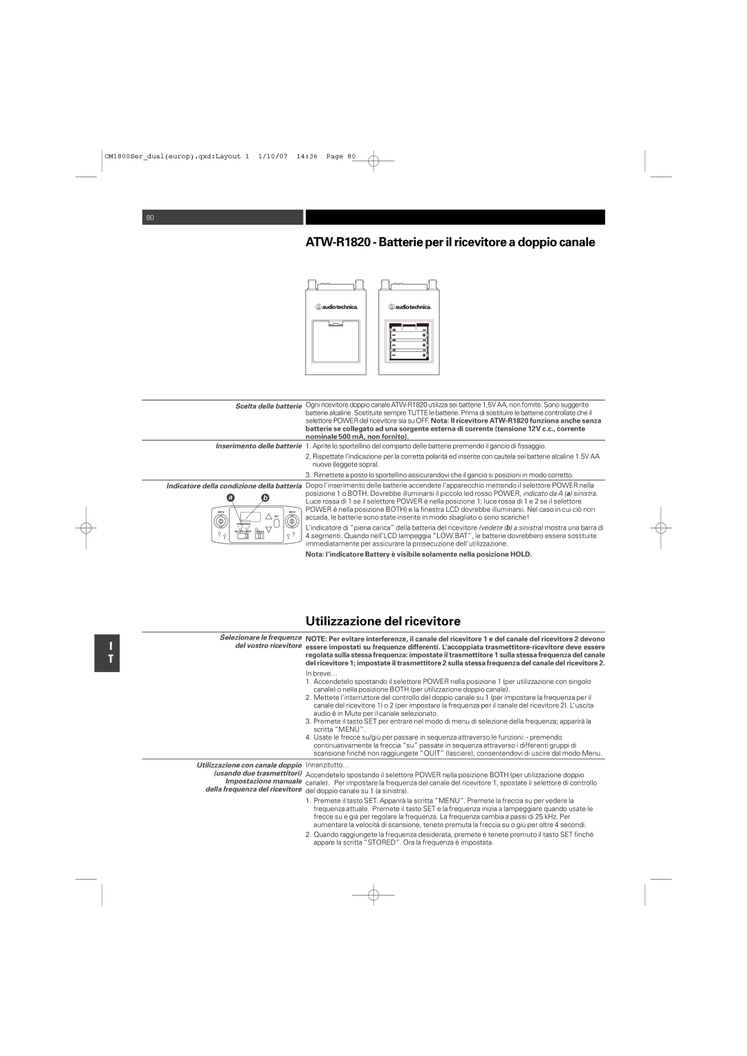 Audio-Technica ATW-T1820 manual ATW-R1820 Batterie per il ricevitore a doppio canale, Utilizzazione del ricevitore 