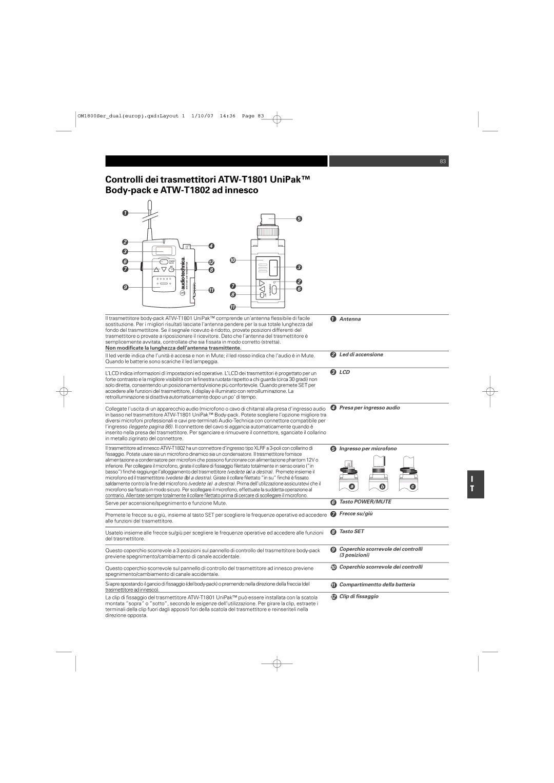 Audio-Technica ATW-T1820 Led di accensione, Presa per ingresso audio, Ingresso per microfono, Tasto POWER/MUTE, Tasto SET 