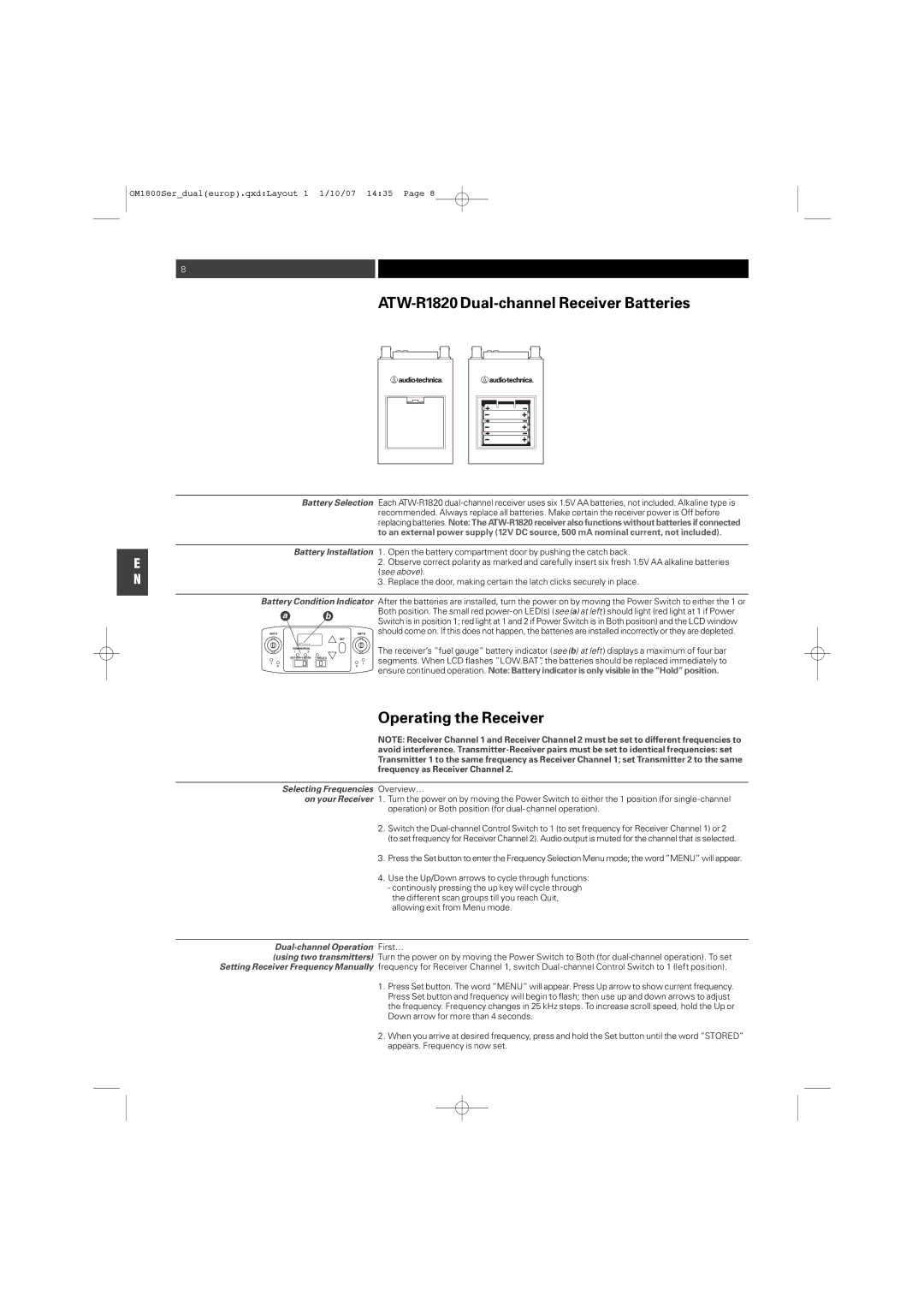 Audio-Technica ATW-T1820 manual ATW-R1820 Dual-channel Receiver Batteries, Operating the Receiver, Battery Selection 