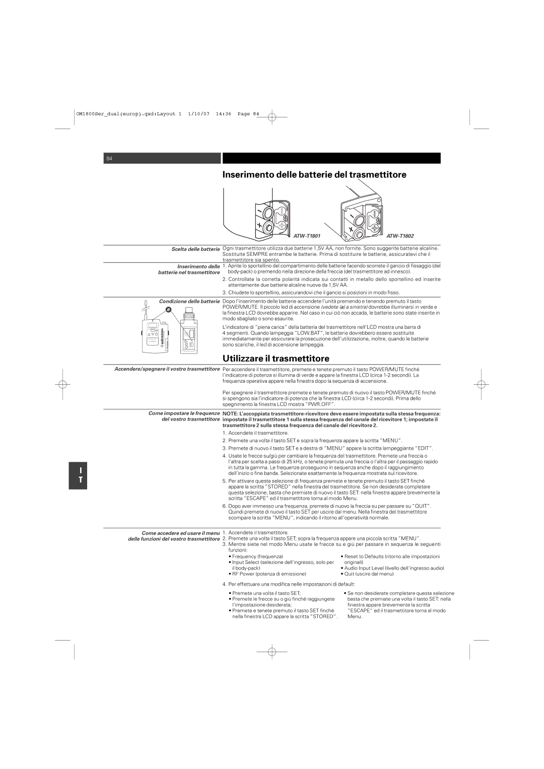 Audio-Technica ATW-T1820 manual Inserimento delle batterie del trasmettitore, Utilizzare il trasmettitore 