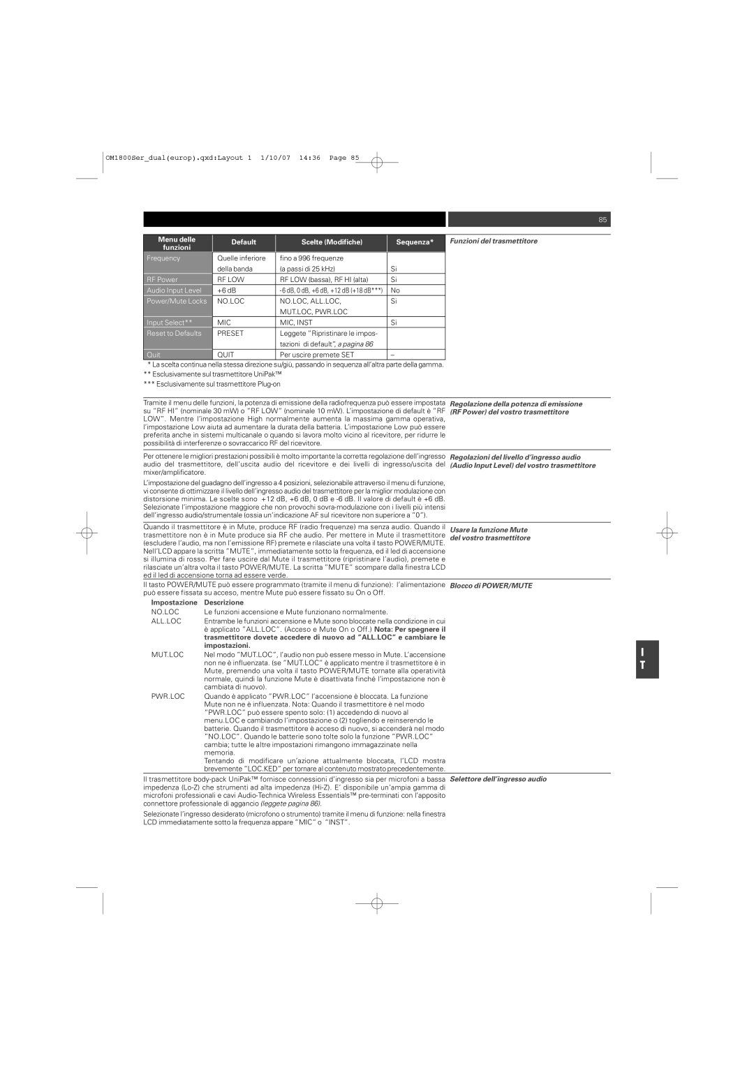 Audio-Technica ATW-T1820 manual Funzioni del trasmettitore, Impostazione Descrizione, Impostazioni 