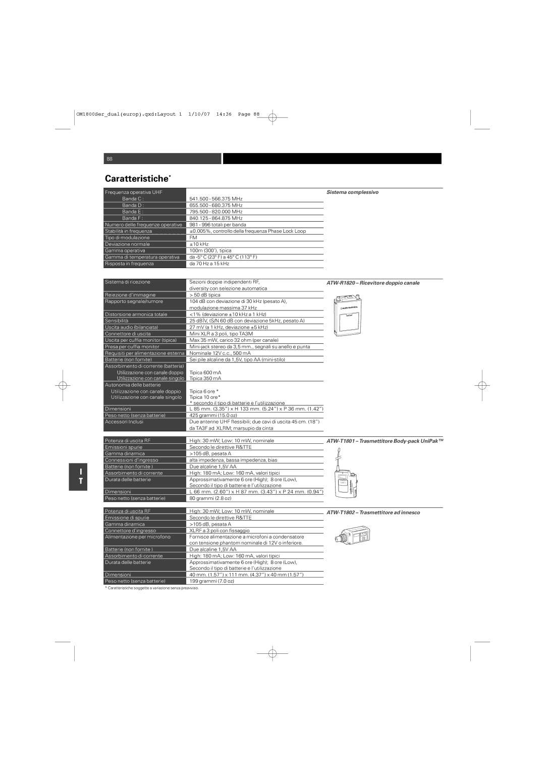 Audio-Technica ATW-T1820 manual Caratteristiche, Sistema complessivo, ATW-T1802 Trasmettitore ad innesco 