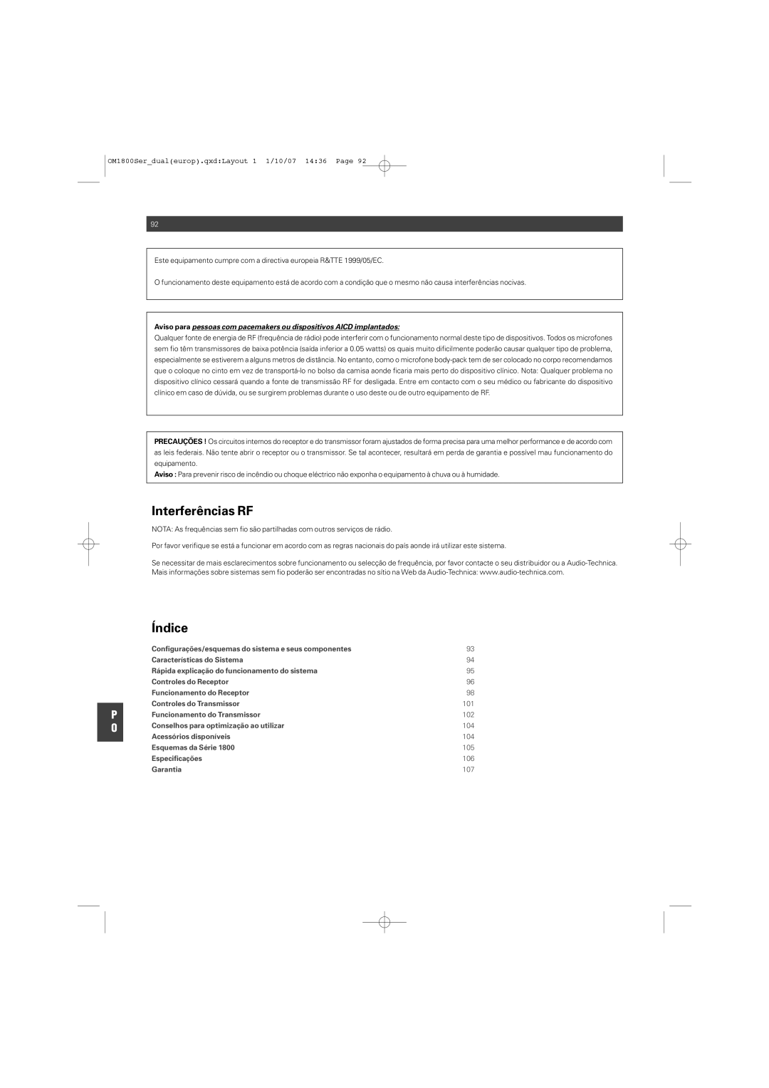 Audio-Technica ATW-T1820 manual Interferências RF, Índice 