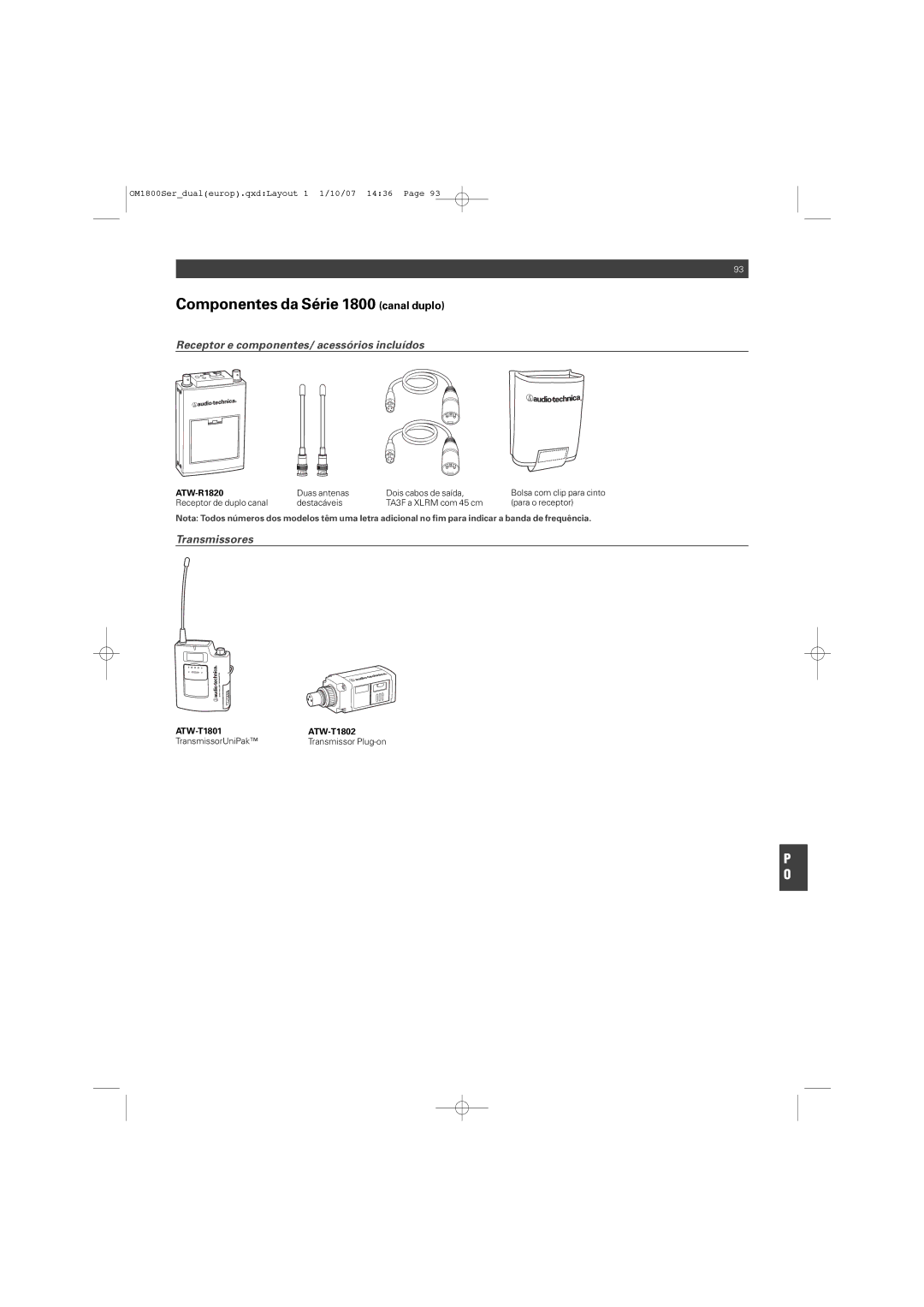 Audio-Technica ATW-T1820 manual Componentes da Série 1800 canal duplo, Duas antenas Dois cabos de saída, TransmissorUniPak 