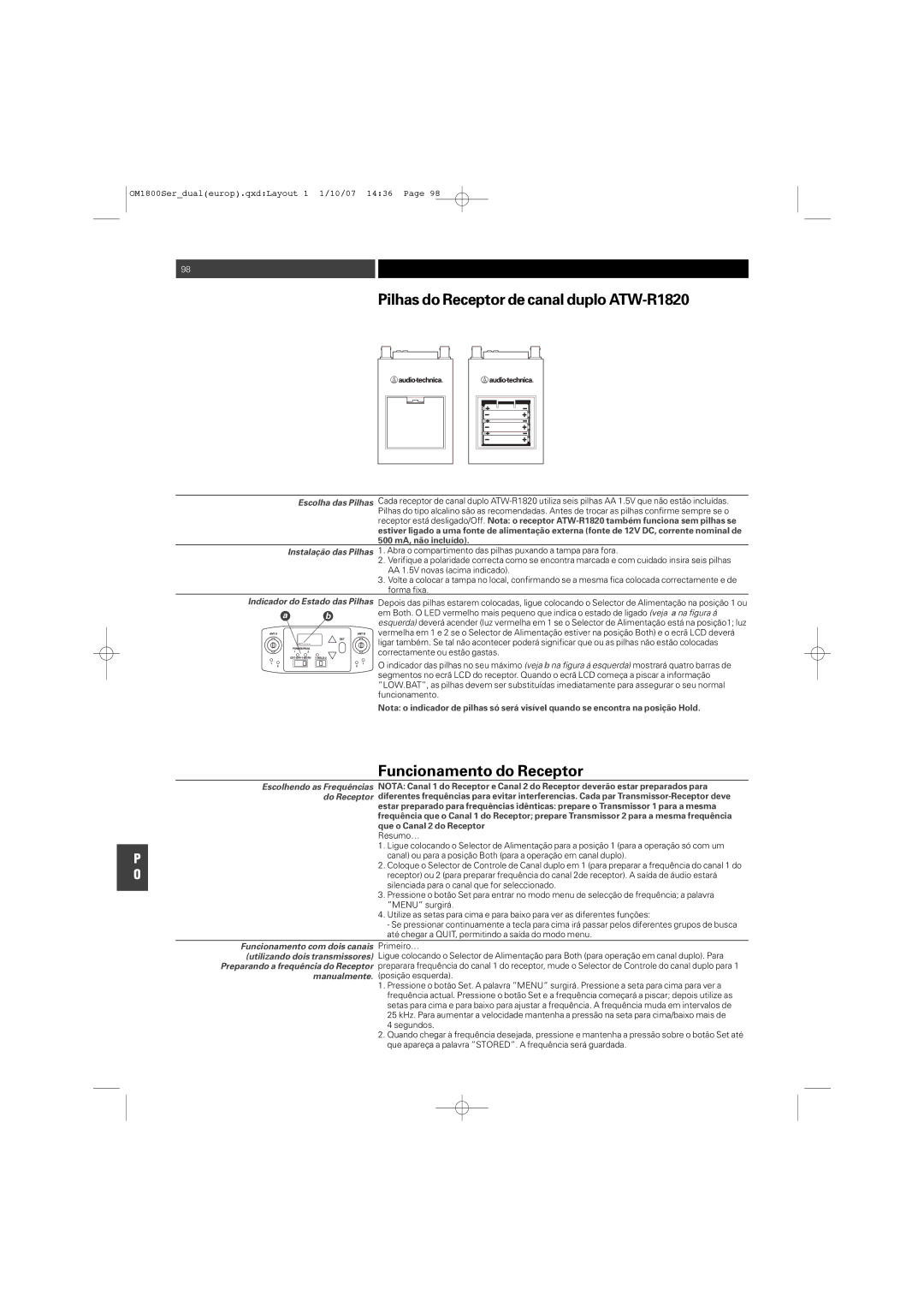Audio-Technica ATW-T1820 manual Pilhas do Receptor de canal duplo ATW-R1820, Funcionamento do Receptor 