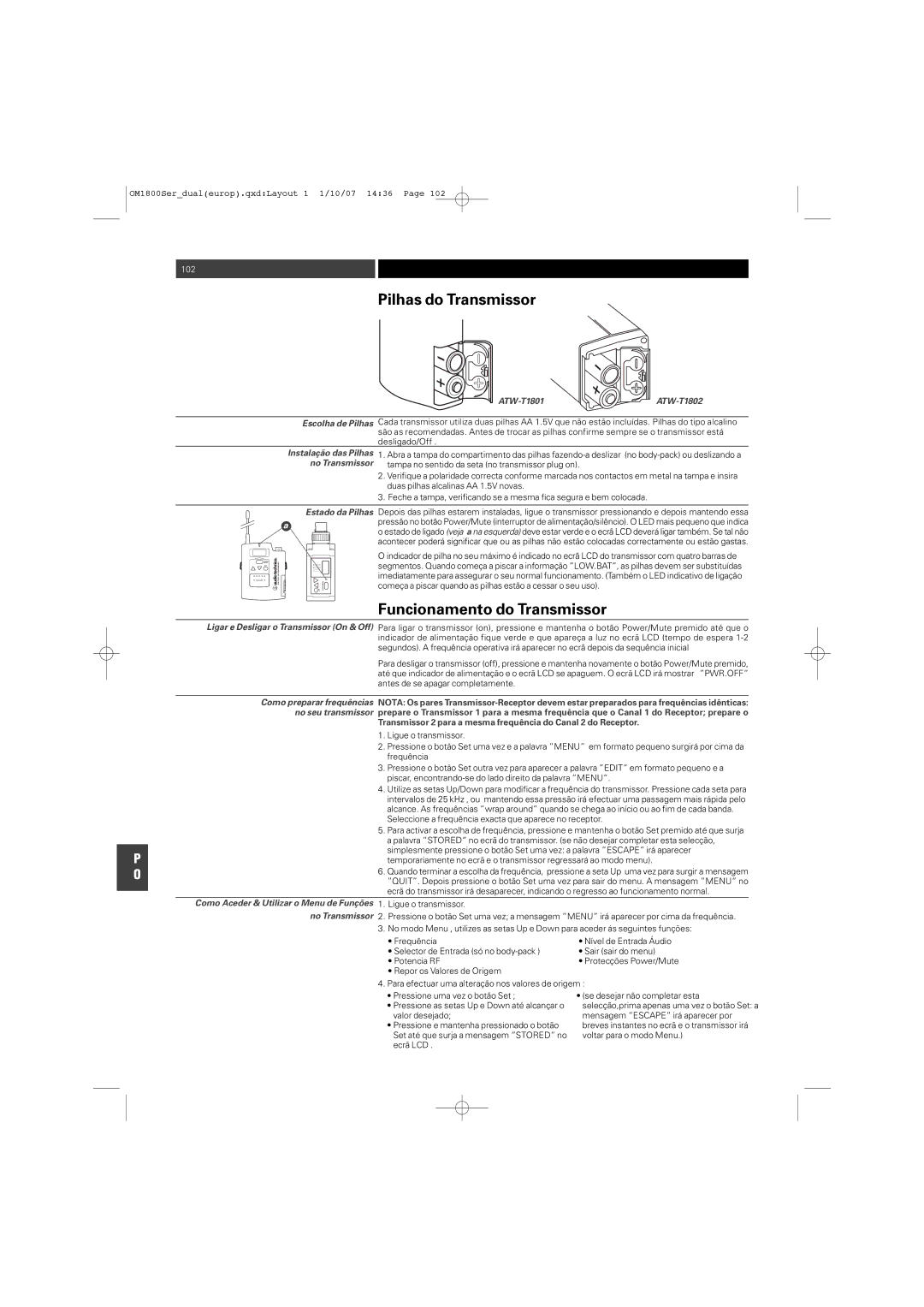 Audio-Technica ATW-T1820 manual Pilhas do Transmissor, Funcionamento do Transmissor 