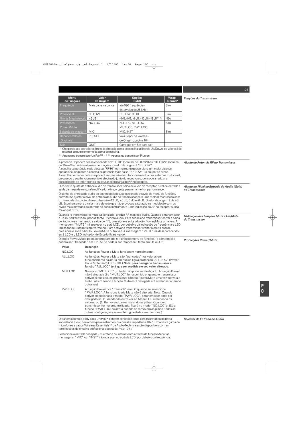 Audio-Technica ATW-T1820 manual Funções do Transmissor, Ajuste de Potencia RF no Transmissor, Do Transmissor 