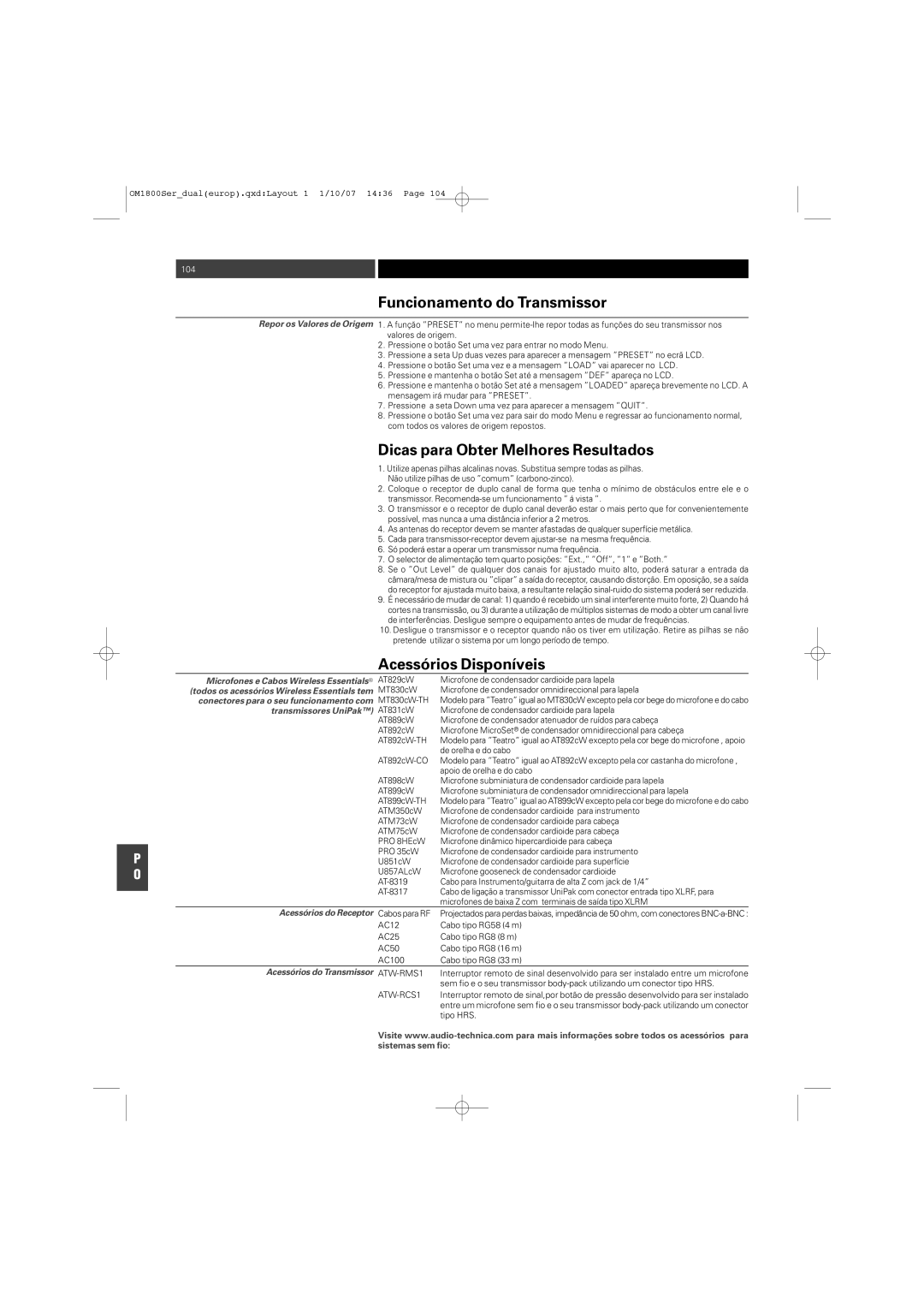 Audio-Technica ATW-T1820 manual Dicas para Obter Melhores Resultados, Acessórios Disponíveis 