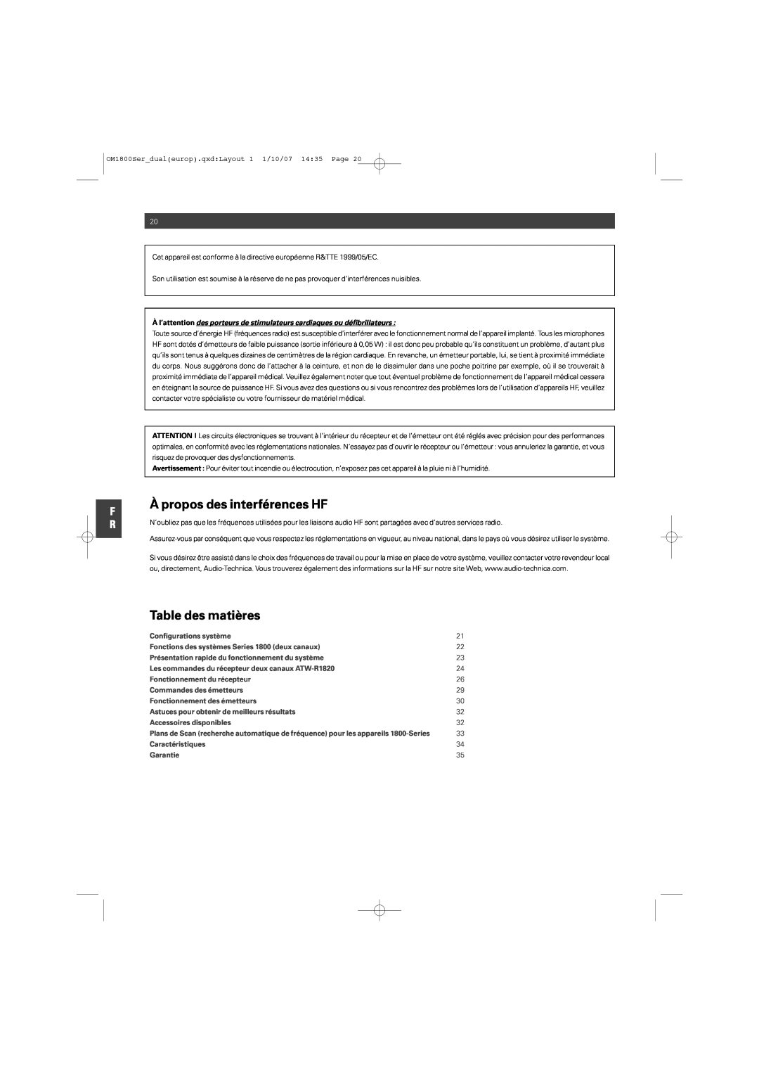 Audio-Technica ATW-T1820 manual À propos des interférences HF, Table des matières 