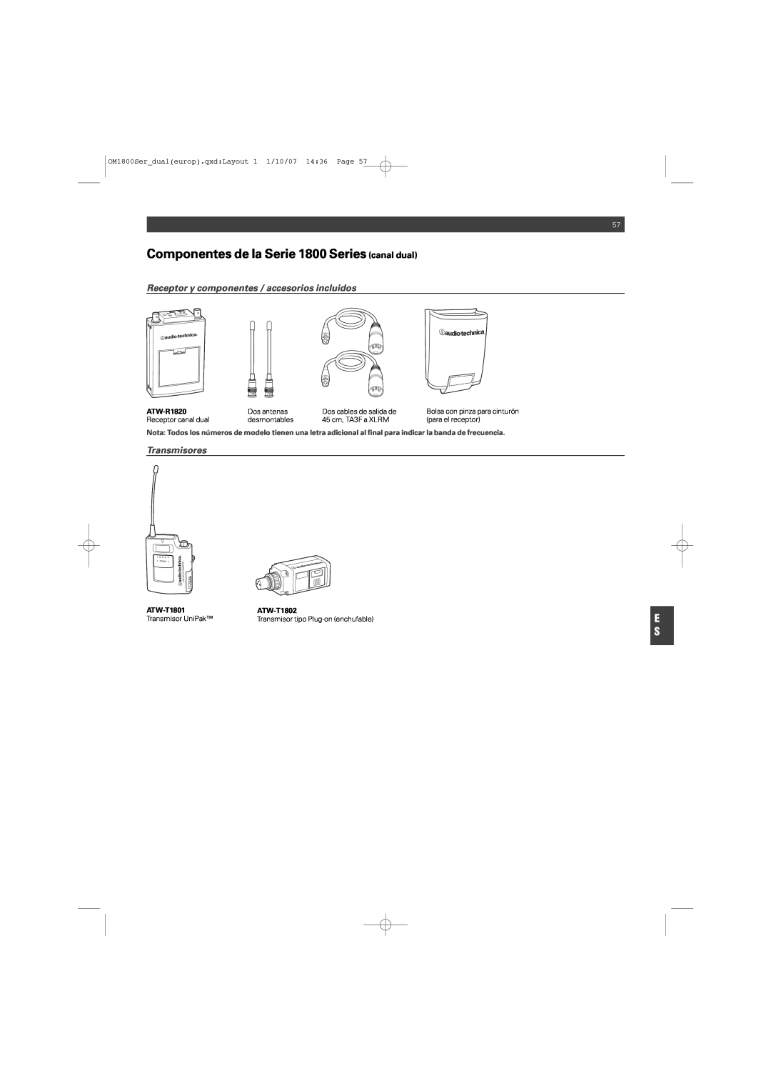 Audio-Technica ATW-T1820 Componentes de la Serie 1800 Series canal dual, Receptor y componentes / accesorios incluidos 