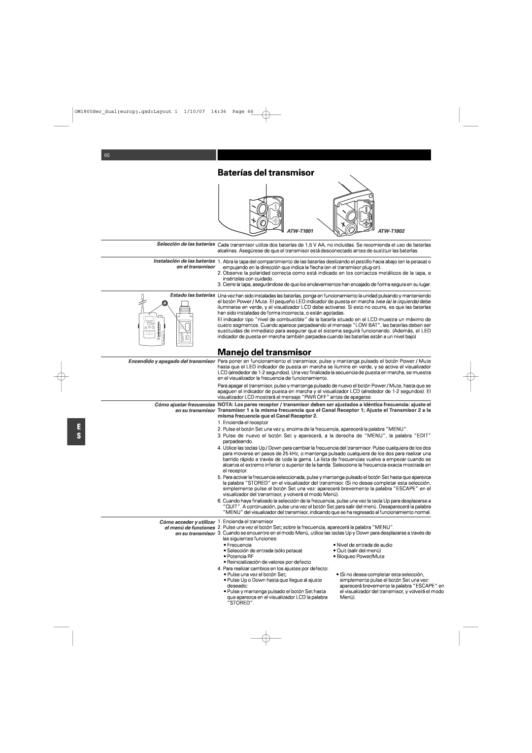 Audio-Technica ATW-T1820 manual Baterías del transmisor, Manejo del transmisor, Estado las baterías, ATW-T1801 