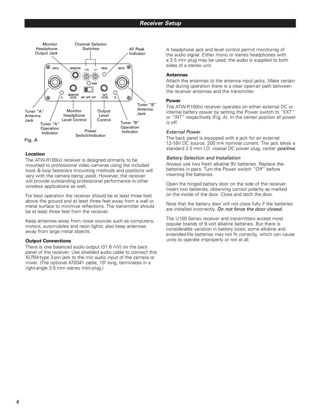 Audio-Technica ATW-U102X, ATW-U101X manual Receiver Setup, Location, Output Connections, Antennas, Power 