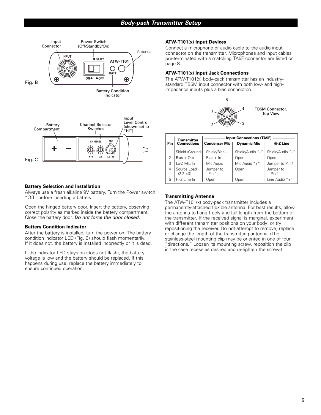 Audio-Technica ATW-U101X, ATW-U102X manual Body-pack Transmitter Setup 